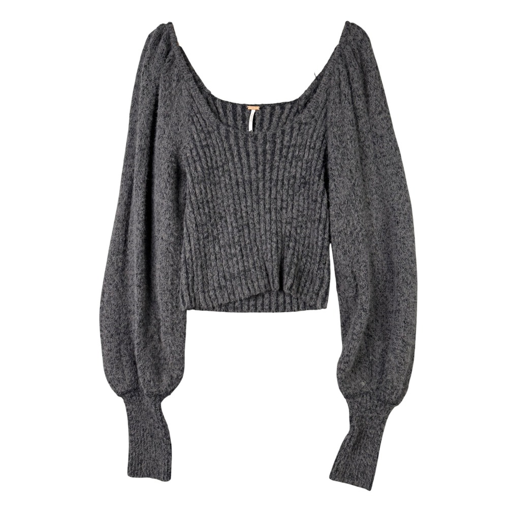 Free People Icing V-Neck Gray Ribbed Balloon Sleeve Cropped Sweater Size M
